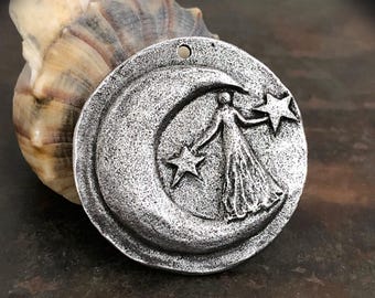Moon Goddess, Aged Finish, Handcrafted, Artisan, Jewelry Making Components, Handcast Pewter, Silver Metal, Supplies