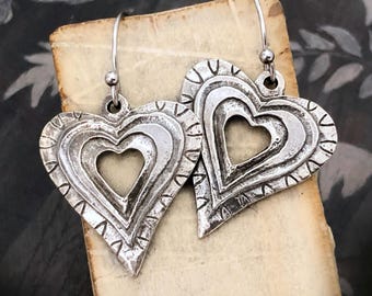 Layered Heart Earrings, Open Design, Handmade, Dangles, Polished, Handcast Pewter