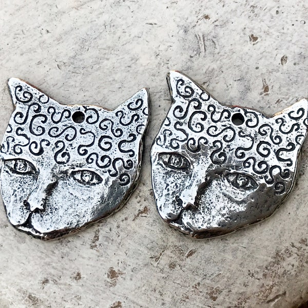 Artisan Cat Charms, Handcrafted for Dangle Earrings and Necklaces, Handmade DIY Craft Jewelry Making Components, Pewter Metal - 334-CP