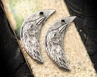 Raven Moon, Aged Finish, Charms, Mystical, Jewelry-making, Pewter Components, Handmade Crafting Metal Jewelry Supplies, Artisan, DIY