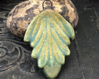OOAK Ceramic Leaf Pendant, 48mm Tall, Satin & Matte, Glazed Stoneware, Handmade, Artisan, One of a Kind