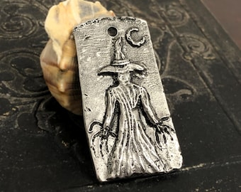 Witch Pendant, Aged Finish, Handcrafted, Artisan, Jewelry Making Components, Handcast Pewter, Silver Metal, Supplies
