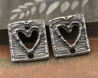 Handmade Heart Connector Charms, Aged Finish, Artisan Handcrafted Pewter Jewelry Making Components, DIY Crafting, for Earrings & Necklaces