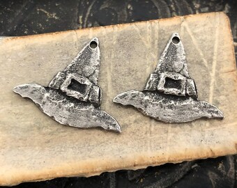 Witch's Hat Charms Aged Finish, Handcrafted, Artisan, Jewelry Making Components, Handcast Pewter, Silver Metal, Supplies