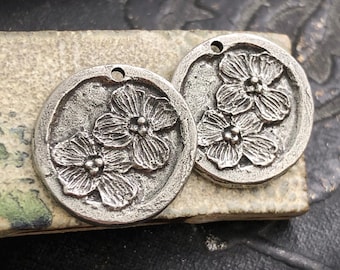 Dogwood Flower Charms Polished, Handcrafted, Artisan, Handmade DIY Jewelry Making Components, Handcast Pewter, Silver Metal, Supplies