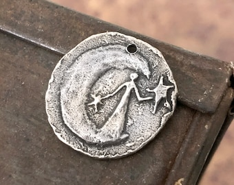 Lady in moon, stars, magical, pendant handcrafted jewelry making components, handmade artisan diy crafting, necklace supplies, pewter, aged