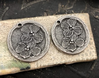 Dogwood Flower Charms Aged Finish, Handcrafted, Artisan, Jewelry Making Components, Handcast Pewter, Silver Metal, Supplies