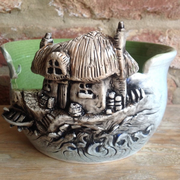 Yarn Bowl with hand carved 'Cottage by the Sea' design.