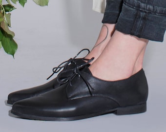 Schwarze Lederschuhe, klassische Oxfords, Frauen Oxfords, bequeme Schuhe, Schnürschuhe, schwarze Kleid Schuhe, schwarze formelle Schuhe, Frauen Wohnungen
