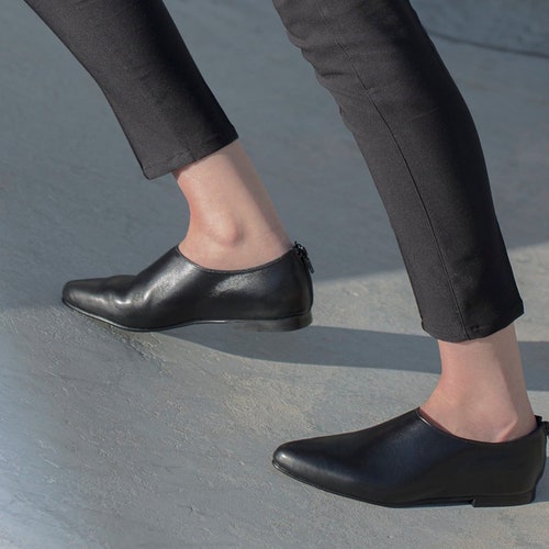 Women's Black Leather Shoes Handmade Formal Slip on - Etsy