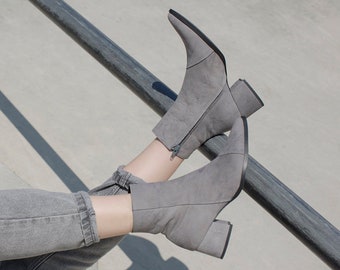 Women Gray Ankle Leather Boots, Pointy Handmade Ankle Booties with Side Zipper, Casual Comfortable Booties