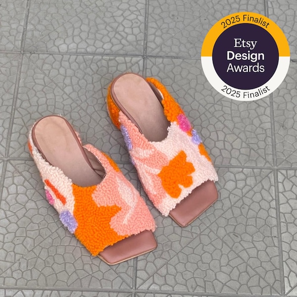 Punch needle shoes for women, Handmade Tufted Mule Sandals – Colorful Chunky Heel Statement Mules, Retro Floral Festival Shoes for ladies