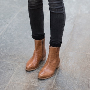 Womens Brown Booties, Trendy Pointy Toe Boots, Low Heels Crocodile Leather Ankle Boots, Comfortable Everyday Booties