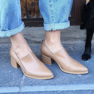Beige Mocha Premium Leather Handmade Shoes, Comfortable Heeled Formal Shoes, Elegant Bohemian Shoes, Fine Trendy Women Office Shoes