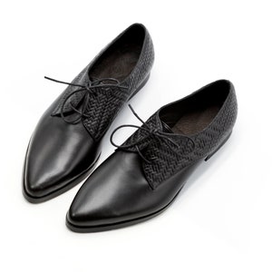 Black Leather Oxford Shoes, Women Pointed Formal Shoes, Stylish Flat Lace Shoes, Elegant Casual Oxford Shoes