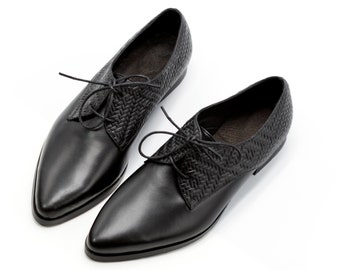 Black Leather Oxford Shoes, Women Pointed Formal Shoes, Stylish Flat Lace Shoes, Elegant Casual Oxford Shoes