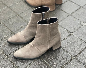 Gray Ankle Leather Boots for Women, Pointed Boots, Handmade Ankle Booties, Casual Comfortable Booties, Heel Comfortable winter Grey Shoes #2
