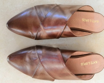 Mujer Mules marrón camel oscuro, Zapatos sin cordones X, Mules con tacones bajos, Mules planas de cuero