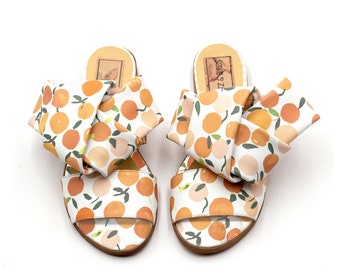 Sandals Women, Sandals Designer, Slip on Sandals, Flat Sandals women, Greek Sandals, Summer Fashion Ladies Shoes, Handmade, Orange Print