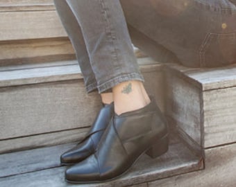 Women Black Ankle Boots, Block Heels Ankle Booties, Criss Cross X Leather Booties, Elegant Ladies Ankle Boots, Winter Booties , Wing Boots