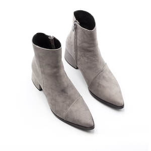 Women Gray Leather Boots, Stylish Minimalist Ankle Booties, Sexy Pointy Boots, Handmade Stylish Booties