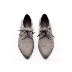 Gray Flats Leather Oxford Shoes For Women, Handmade Designer Everyday Stylish Tie Derby Shoes image 3