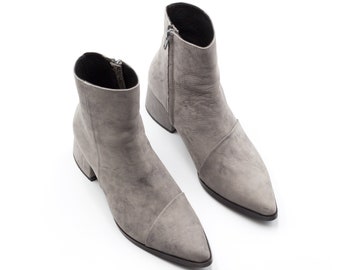 Women Gray Leather Boots, Stylish Minimalist Ankle Booties, Sexy Pointy Boots, Handmade Stylish Booties