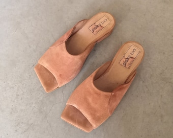 Pink Suede Mules, Square Slip Ons, Designer Edgy Shoes, Heel Mules, Low Heel Sandals, Square Toe Mules, Heel Puffed Sandals, Puffed Mules