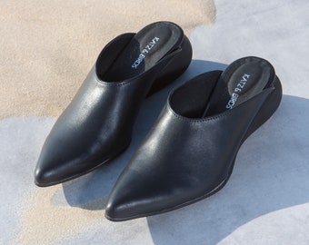 Pointy Low Heel Black Mules, Women's Mules soft Leather, Formal Summer Shoes, Everyday Leather Shoes, Stylish Heeled Comfortable Mules