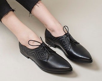 Schwarze Oxfords, Damen Oxford Schuhe, Schnürschuhe, Formale Büroschuhe, schwarze flache Lederschuhe, lässige Oxford Schuhe