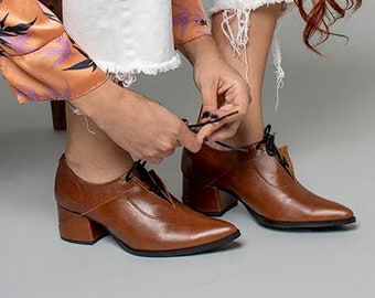 Brown Block Heel Oxfords, Womens Pointed Toe Pumps, Formal Leather Shoes, Stylish Lace Up Oxfords