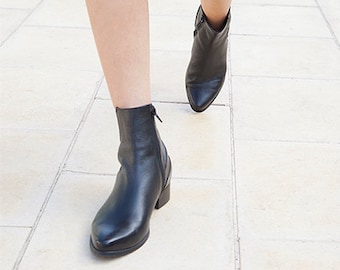 Black Leather Booties, Comfortable Flat Boots, Handmade Boots, Ankle Boots, Classic Black Boots, Fall Shoes, Black Leather Shoes