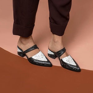 Women Boho Mules Shoes, Leather Mules, Black & White Heeled Mules, Pointed Toe Mules, Open Heel Shoes, Slip On Shoes - BERMUDA