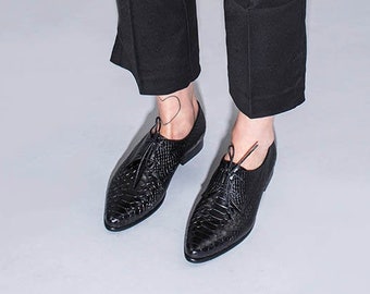 Black Snakeskin Leather Oxford Shoes, Stylish Formal Shoes for Women, Flat Handmade Shoes, Fashion Shoes