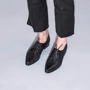 Black Snakeskin Leather Oxford Shoes, Stylish Formal Shoes for Women, Flat Handmade Shoes, Fashion Shoes