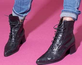 Black Lace Up Ankle Boots For Women, Black Booties with Snake Skin Leather