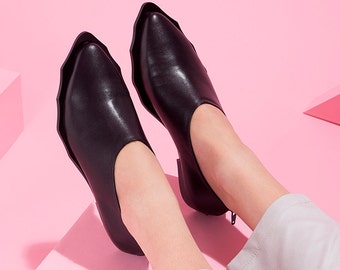 Women Everyday Flat Shoes, Leather Flats, Custom Made Shoes, Black Slip On's, Black Loafers, Pointy Toe Shoes