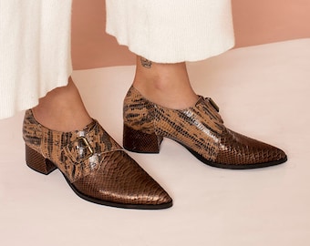 Dark Brown Leather Monk Strap Shoes, Women Handmade Shoes, Stylish Single Buckle Shoes, Everyday Pointed Slip on Shoes