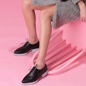 Black Gray Platform Oxfords, Leather Oxfords Shoes with Platform Heels For Women Size 42 Size 10 1/2