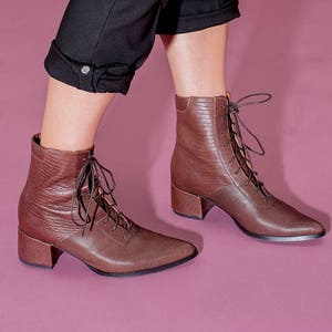 Women Brown Ankle Leather Boots with Laces, Laced up Boots, Sexy Boots, Heeled Camel Brown Pointy Booties, Custom Handmade Boots image 3