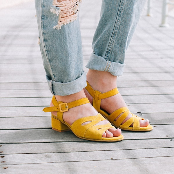 Yellow Leather Sandals For Women, Low Heel Sandals, Women Summer Shoes, Yellow  Gladiator Sandals, Handmade Sandals