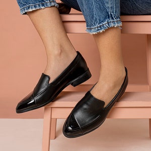 Black Leather Moccasins Shoes, Flat Loafers, Formal Office Shoes, Shiny Black Shoes, Everyday Shoes