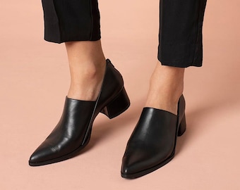 Women's Black Leather Shoes, Handmade Formal Slip On Shoes, Pointed Toe Classic Everyday Shoes