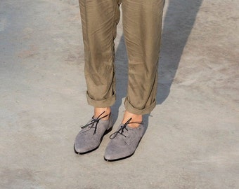 Gray Flats Leather Oxford Shoes For Women, Handmade Designer Everyday Stylish Tie Derby Shoes