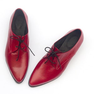 Handmade Red Oxfords, Elegant Dressy Shoes, Lace-Up Pointed Toe Shoes, Flat Comfortable Fashion Shoes, Ladies Red Oxford's