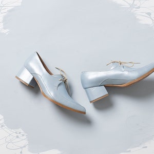 Light Blue Women Leather Shoes, Block Heel Shoes, Comfortable Tie Shoes With Heels, Retro Style Shoes