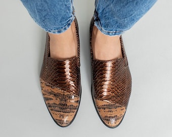 Women Dress Flat Shoes, Snake Print Loafers Shoes, Stylish Bronze Leather Slip On Shoes, Shiny Formal Shoes, Casual Designer Shoes