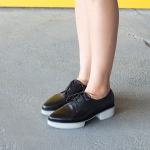 Black Gray Platform Oxfords, Leather Oxfords Shoes with Platform Heels For Women imagem 5
