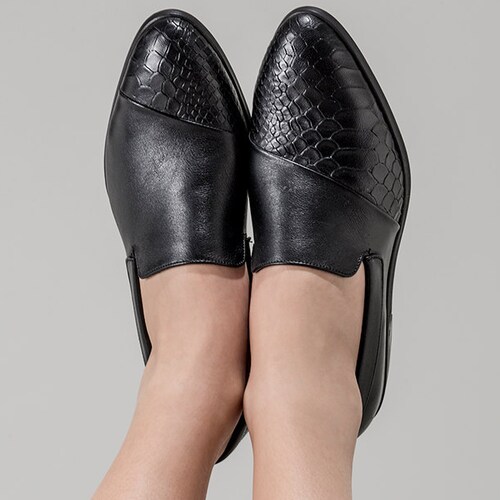 Black Leather Loafers Shoes Snakeskin 