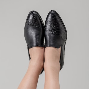 Black Leather Loafers Shoes, Snakeskin Shoes For Women, Casual Office Shoes, Formal Black Shoes